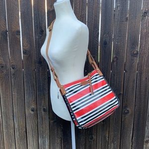 FOSSIL Keyper Crossbody Red Black Striped Shoulder Coated Canvas Mailbag - M